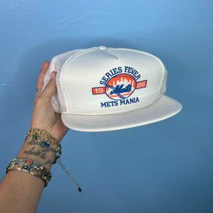 VINTAGE 1986 80s WHITE METS MANIA BASEBALL SNAPBACK HAT